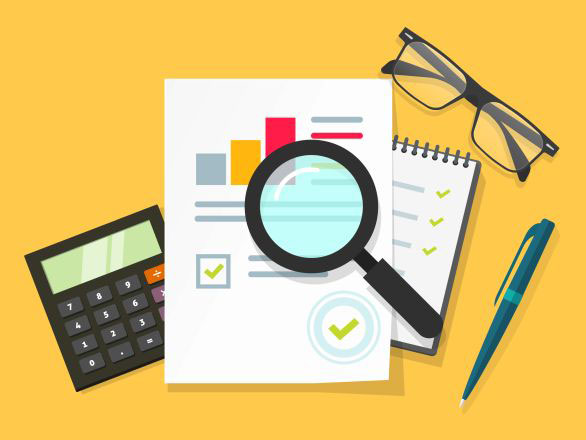 Illustration of desk items: calculator, paper with charts, magnifying glass, small notepad, eyeglasses, pen