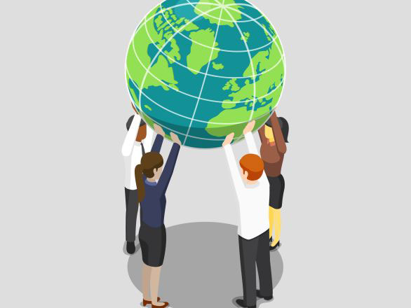 Illustration of four people dressed in business attire and holding up a large globe together