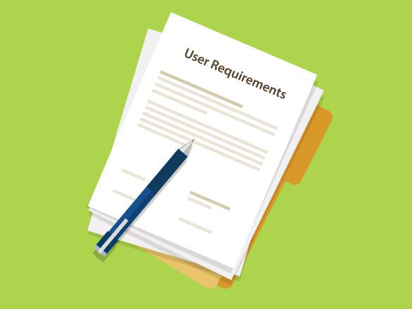 Illustration of an official document titled "User Requirements" on top of other papers and a file folder, with a pen